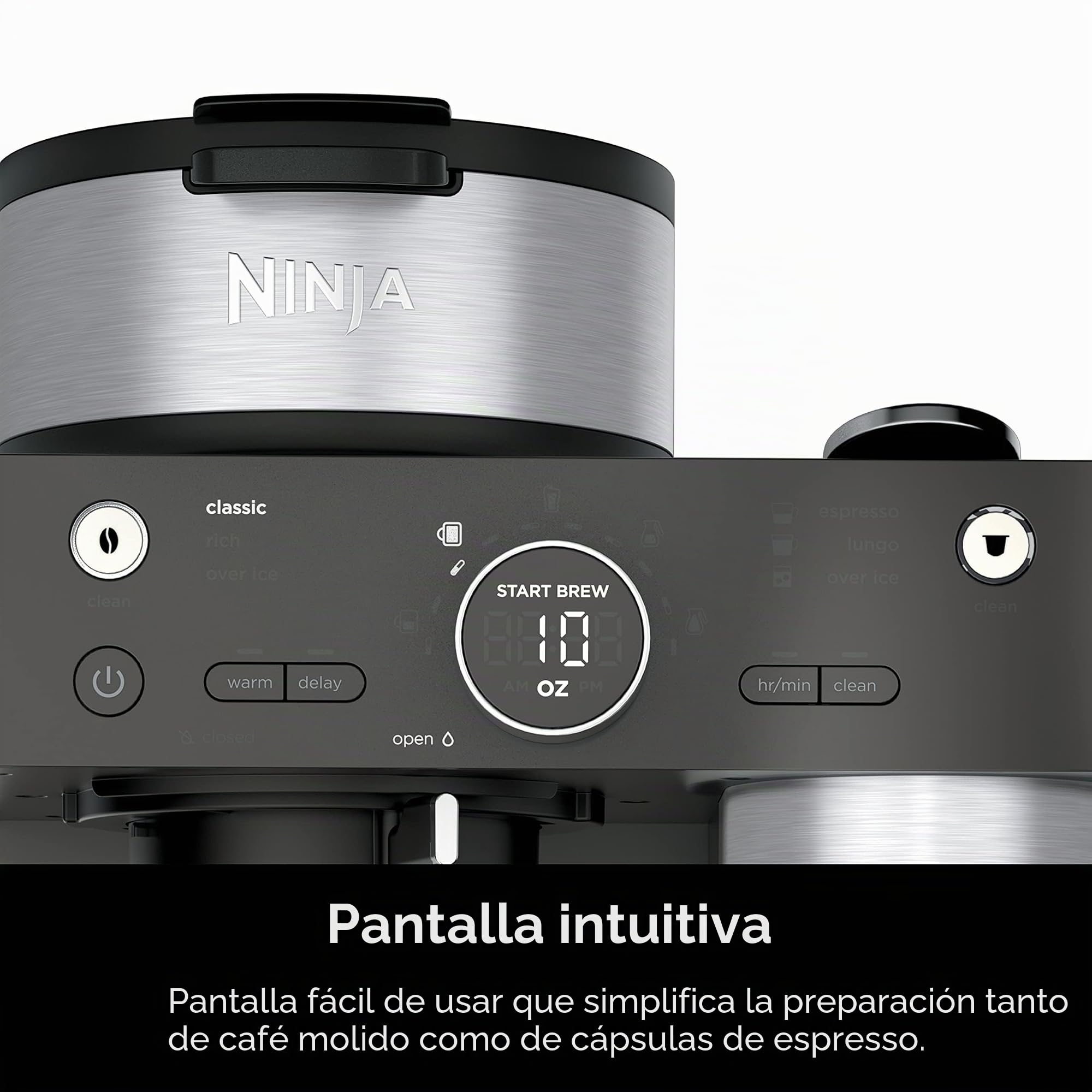 Ninja CFN601 Espresso & Coffee Barista System, 3 estilos de preparación de espresso, compatible con café de una sola porción y cápsulas Nespresso, jarra de 12 tazas, espumador integrado, máquina de