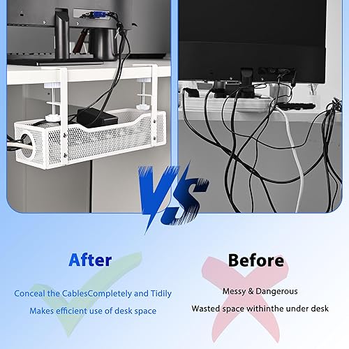 Miniatura 5 de Bandeja de organización de cables para debajo del escritorio, organizador de cables metálicos sin taladrar para regletas y cables, fácil de instalar
