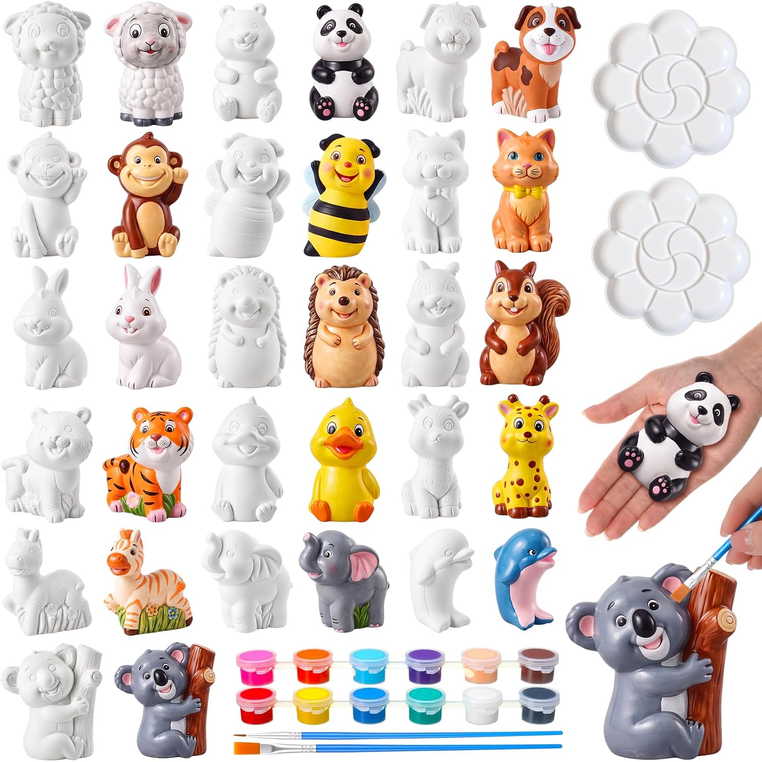 Reallnaive 16 Pack Woodland Animal Paint Your Own Ceramic Figurines, 3.9" Unpainted Animal DIY Arts and Crafts Plaster Kit with Paints & Brushes for Party Favors Birthday Gifts Desk Decor