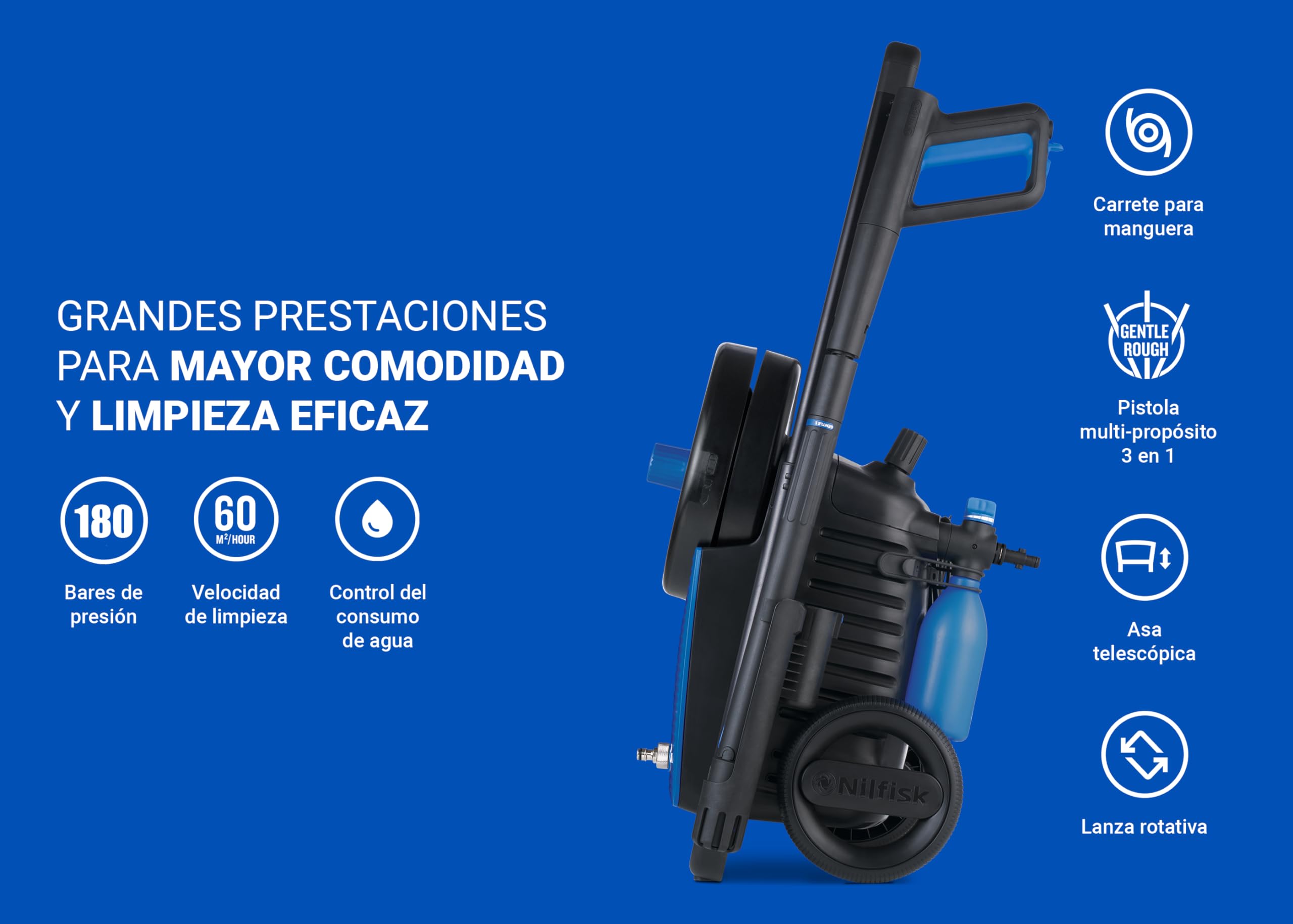 Nilfisk Hidrolimpiadora de Alta Presión Excellent 180 Bares con Smart Assistant - Limpiadora de Gran Rendimiento y Robusta para Jardín, Patios y Coches (2800 W)