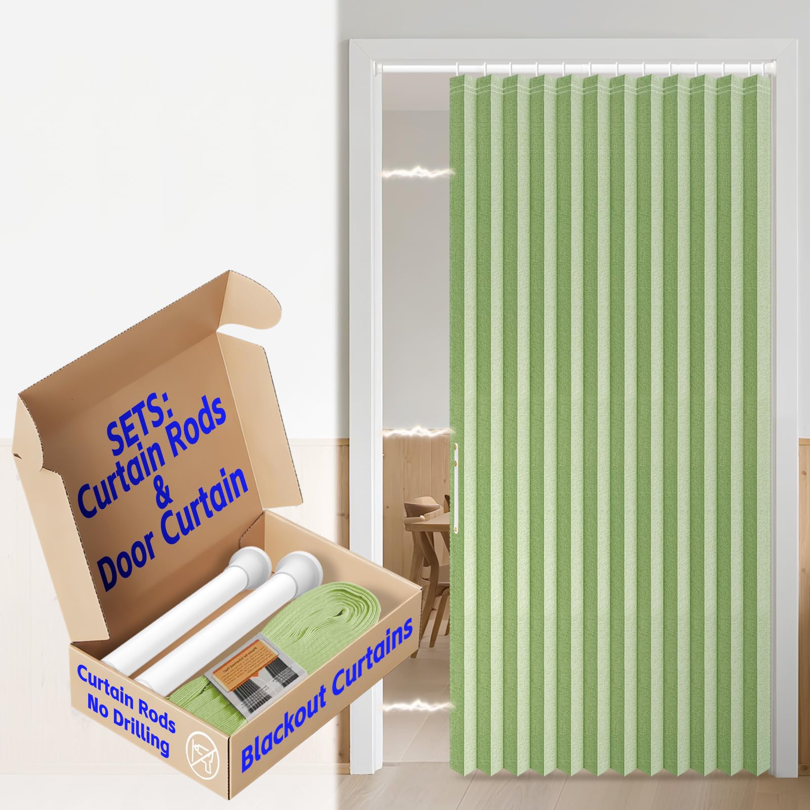 AJAZZ Blackout Magnetic Door Curtain with Curtain Rods Adjustable 28-52" Long Accordion Door Closet Door Curtain for Bedroom Room Living Room Doorway (1 Pack, 52 W x 78 L, Green)