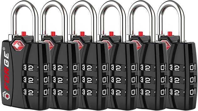 Forge Open Alert TSA Approved Luggage Locks - 3 Digit Combination, Easy Read Dials, Zinc Alloy Body Black 6 Locks