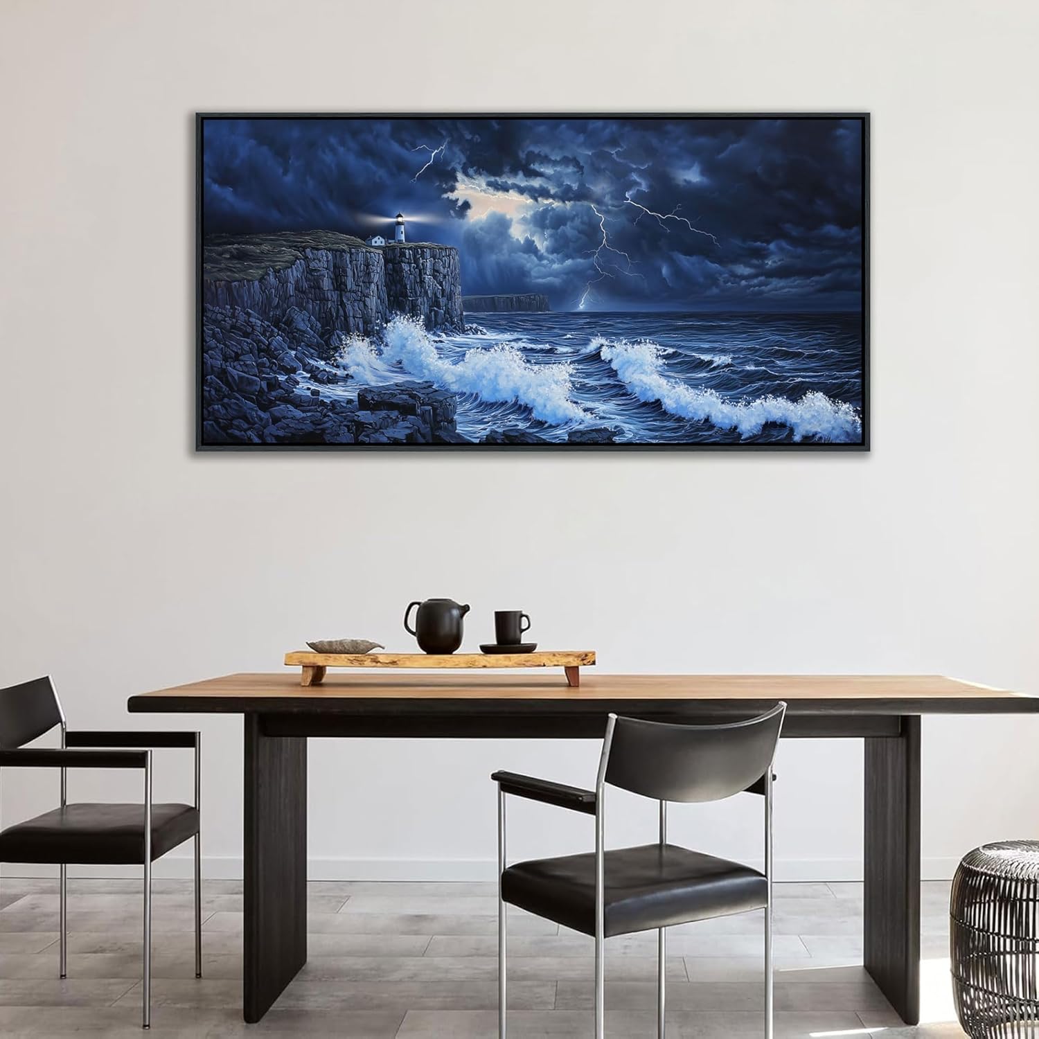 Navy Blue Wall Art - Ocean Canvas Lighthouse Painting Framed Coastal Wall Decor Artwork for Living Room,Stormy Seascape Picture for Bedroom,Office Decoration Size 20x40 inches