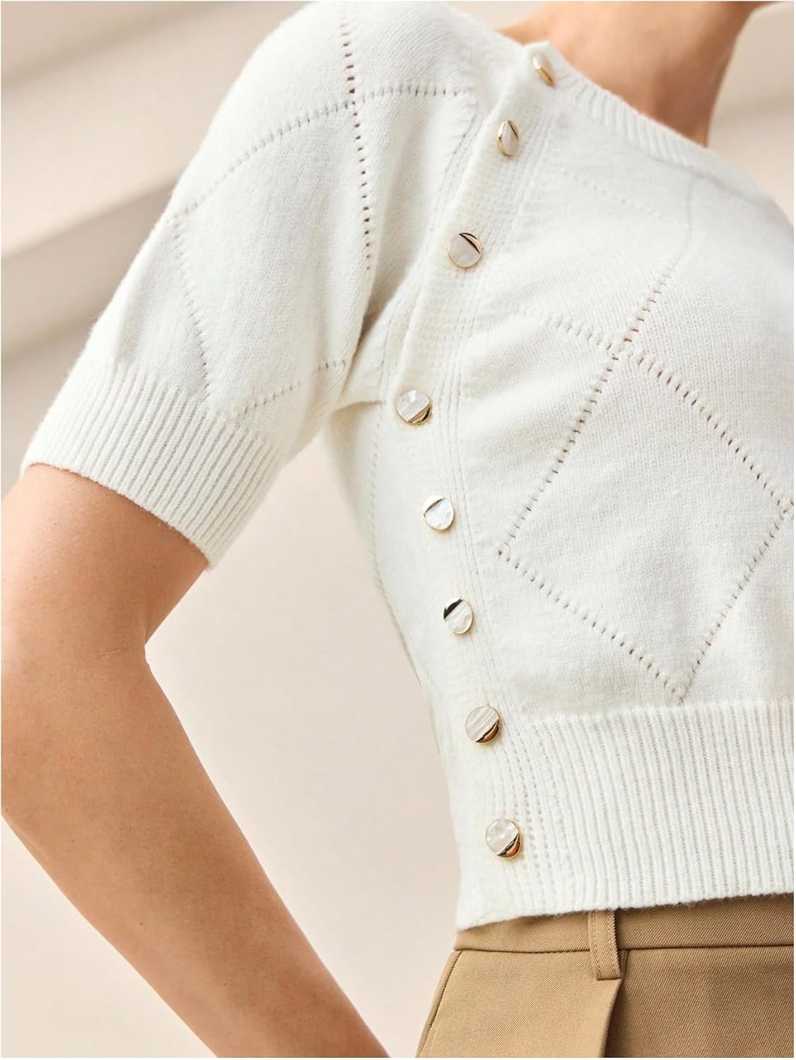 GORGLITTER Women's Button Up Short Sleeve Cropped Sweater Crew Neck Cozy Knitwear Fall Going Out Tops - Image 3