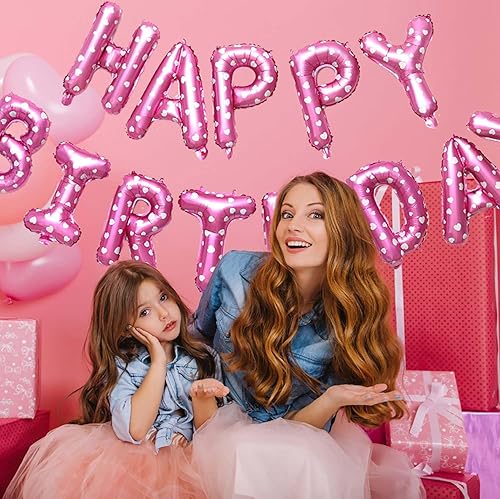 Miniatura 5 de Cartel de globos rosas de feliz cumpleaños, letras de papel de aluminio de Mylar con estampado de estrellas rosas de 16 pulgadas, globos