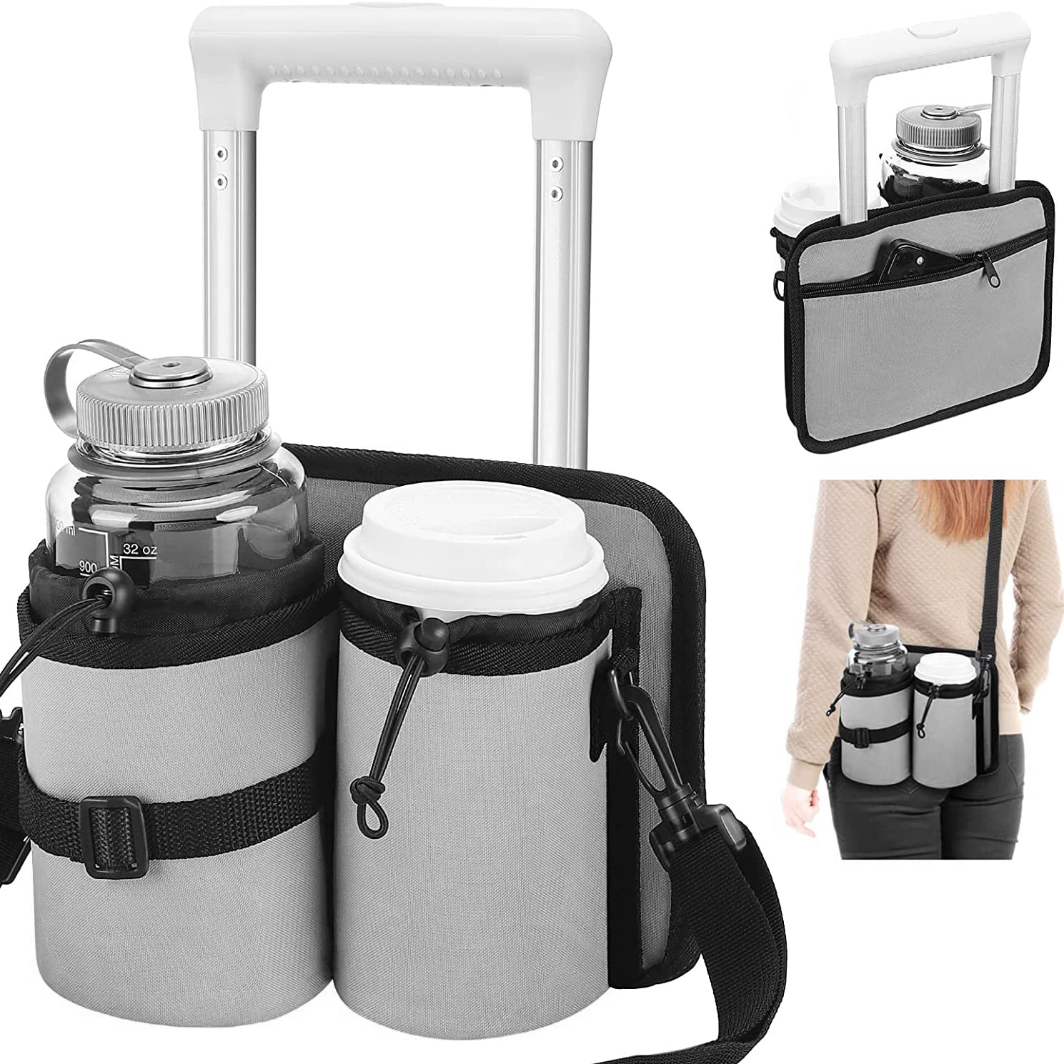 Angju Luggage Cup Holder Travel Bag with Shoulder Strap, Thermal Insulation and Zipper Pocket, Fits on Suitcase Handles - Hold Two Bottles, Travel Accessories for Airplane, Gift for Travelers