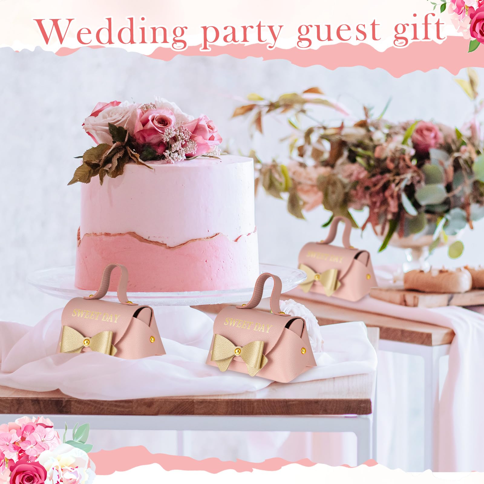Dandat 20 Stück rosa Bowknot Geschenkbox mit Griff PU-Leder Geldbörse Box Rosa Leckerli-Boxen Wiederverwendbare rosa Süßigkeiten-Boxen mit goldener Schleife für Geburtstag Weihnachten Hochzeit Party