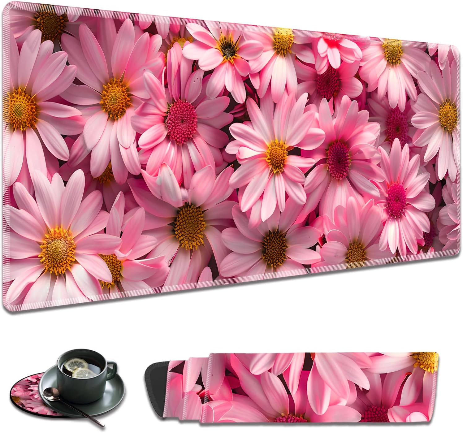 Large Gaming Mouse Pad Non-Slip Keyboard Pad Soft Extended Desk Mat Desktop Writing Pad (31.5"×11.8") Combined with Coasters, Home and Office Desktop Decor, Pink Daisy