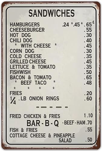 ZYPENG Letrero de metal de 1940's Diner Menu para restaurante de los años 50, placa retro vintage, arte de pared, cocina, almuerzo, regalo para