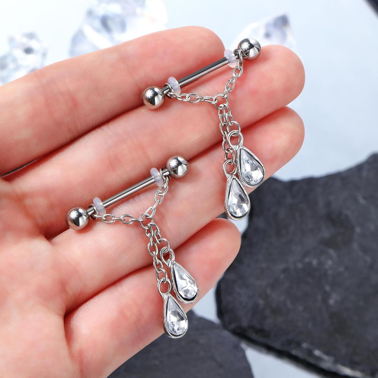 CM Crareesi Mania Chain Nipple Ring & Barbells - 316L Stainless Steel, 14G Silver Dangle Nipple Piercing Jewelry - Image 4