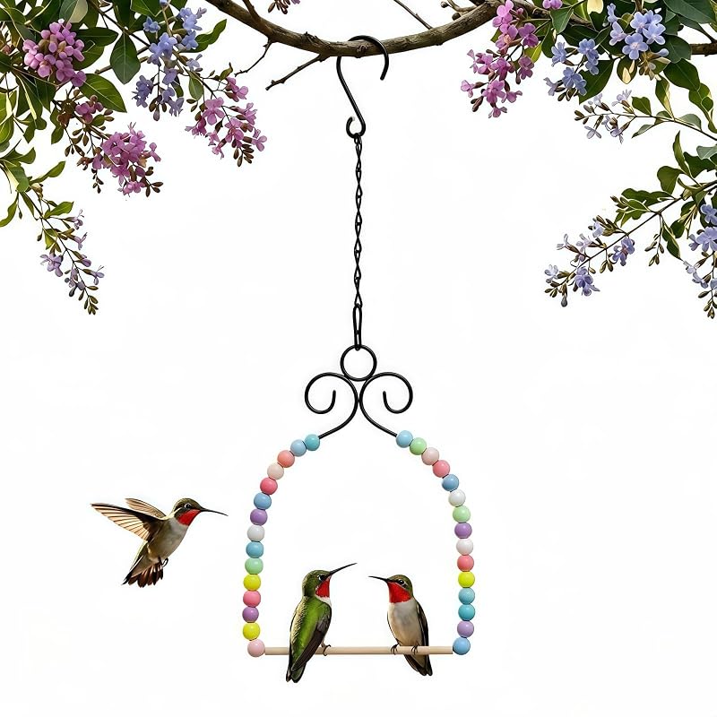 Balanço para beija-flores de metal com poleiro de madeira e contas coloridas Qwspondence, 1 unidade
