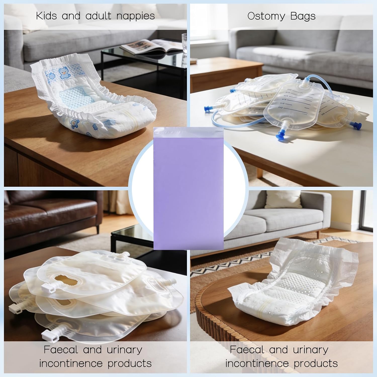 Ostomy Pouch Disposal Bags Colostomy Supplies High Sealing Prevents Odours & Leakage, Anti-Peeping Design Disposal Sacks for Colostomy Waste, Nappies, Incontinence Pads 7.87x13.78 Inches Purple(100)