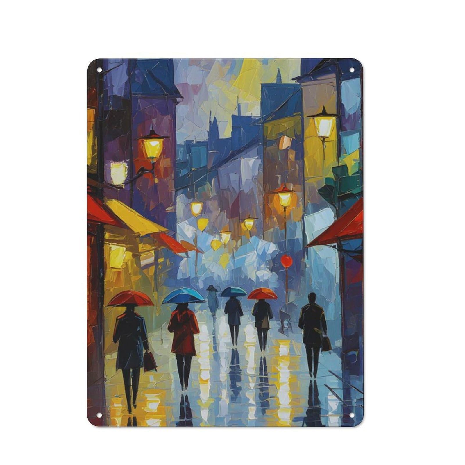 Junmoney Rainy City Street Painting Rustic Metal Sign 40X30cm For Café Or Restaurant, Suited To Café Owners And Decorators