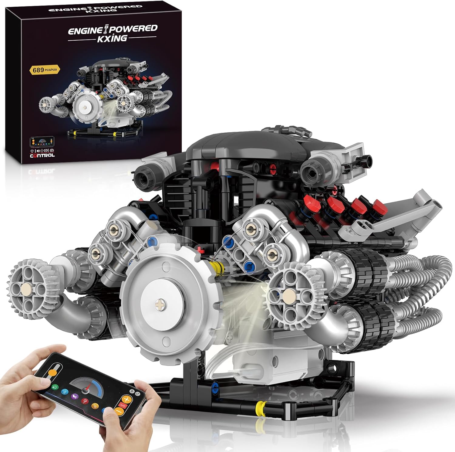 HIGH GODO V8 Engine Building Kit that Works, Build Your Own MOC V8 Engine Model with App Control, Visible Car Engine Model Kit with Motor and Lights, Ideas Gifts for Teens Adults 14+(689 PCS)