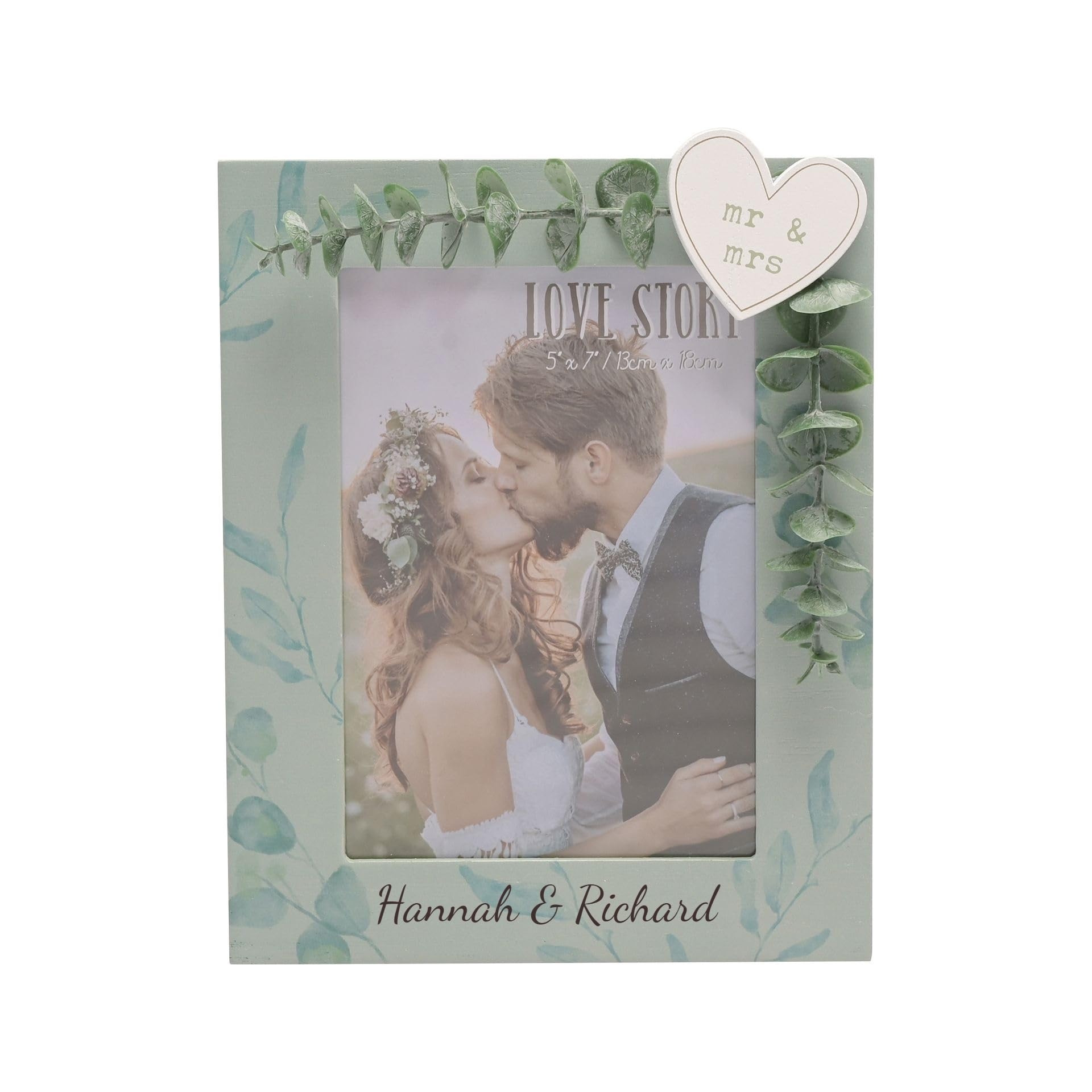 PERSONALISED MR & MRS' GREEN WEDDING OR ANNIVERSARY PHOTO FRAME WITH LEAVES 5" x 7" - ADD NAMES (Not Personalised)