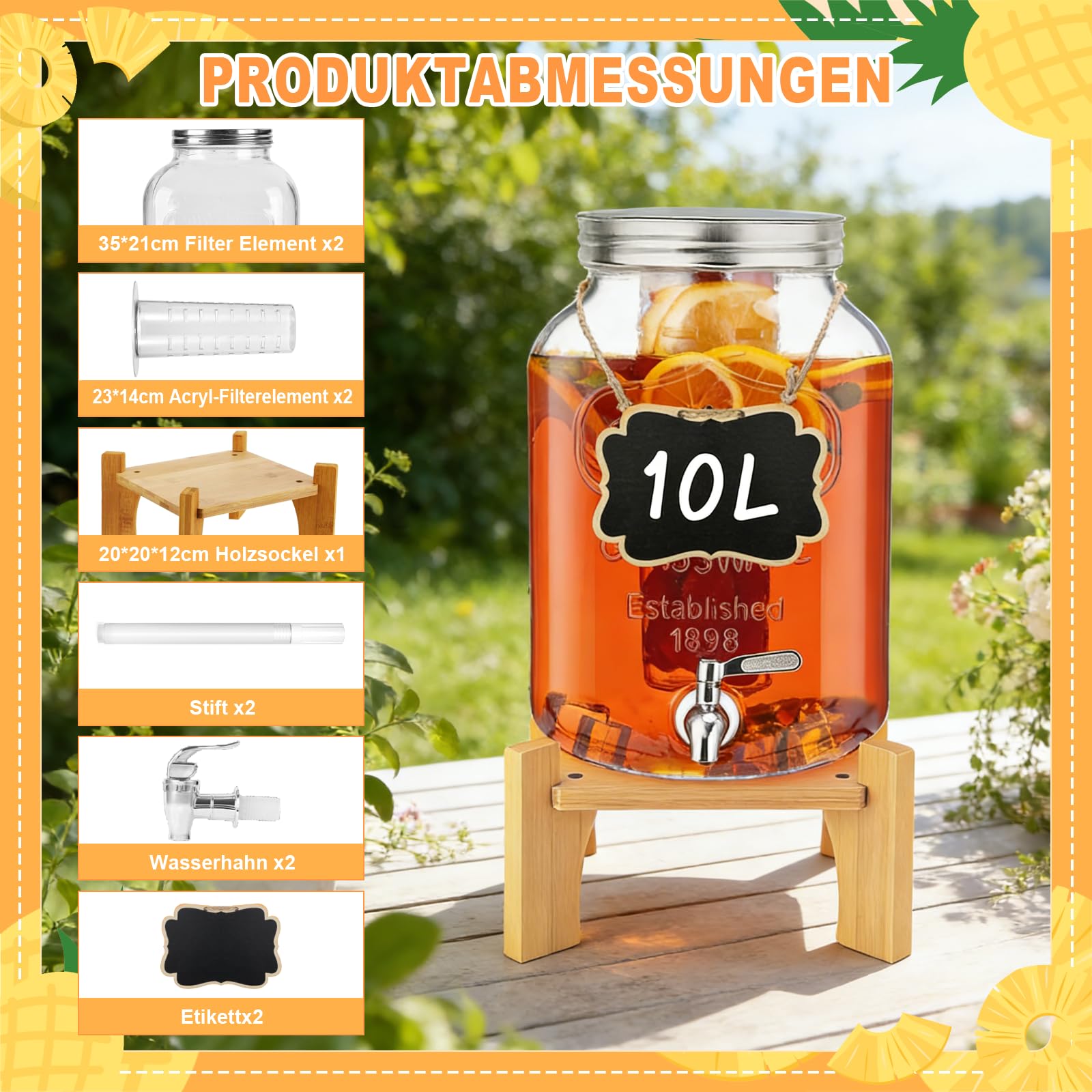 2 dispensadores de bebidas de 10 l con soporte y tapa, dispensador de limonada con grifo de vidrio de borasilicato resistente al calor con grifo inoxidable para jardín, buffet, fiestas y cocina, bodas