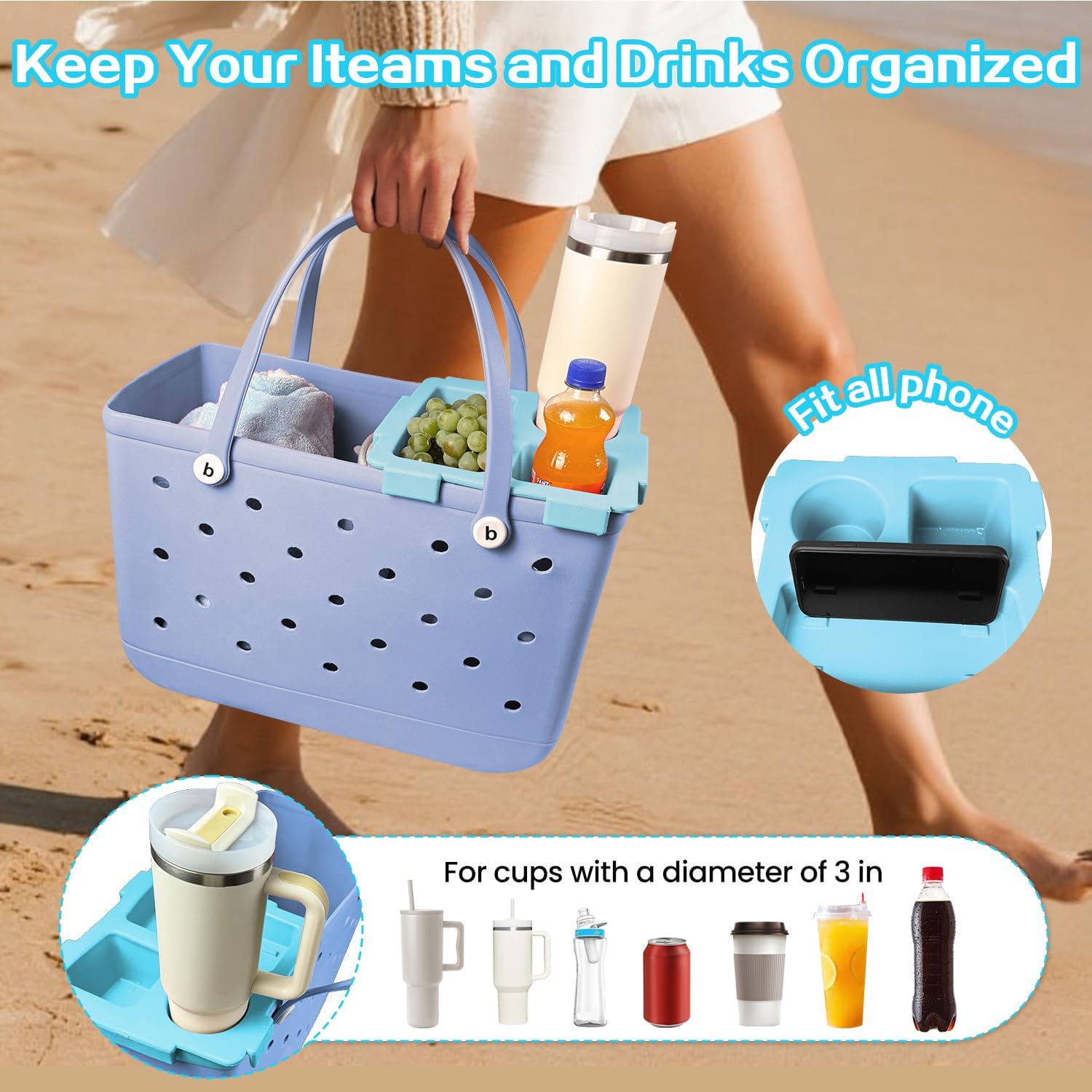 XYFuuee Cup Holder for Stanley 30 40 oz& Topper Tray for Bogg Bag XL, Must Have Beach Rubber Tote Bag Accessories, Instant Table, Free Your Hand