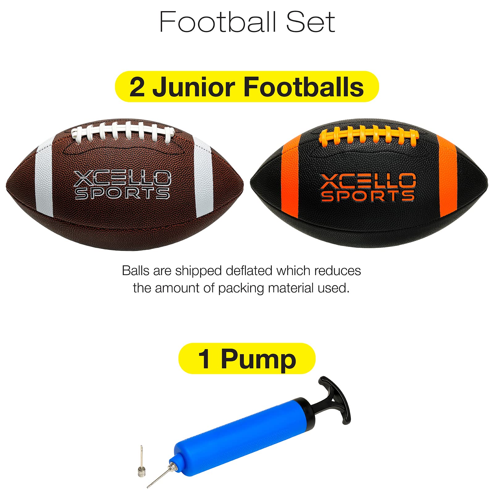 Xcello Sports JR Football Assortment w/Pump (Pack of 2) (Black/Orange & Brown/White, Junior - 10