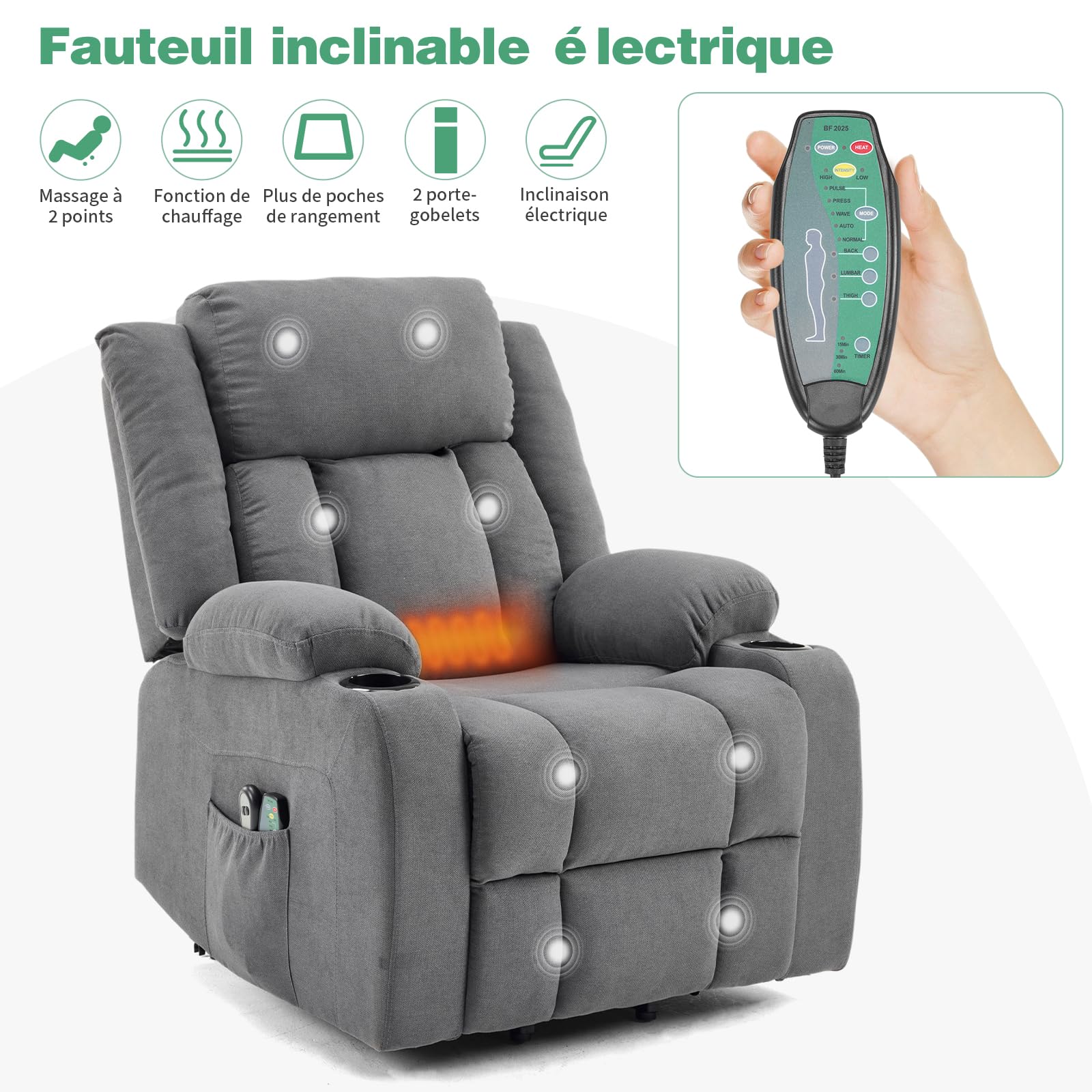LEADZM Fauteuil Releveur Électrique Relax avec Fonction Massage et Chaleur, Inclinaison Réglable et Repose-Pieds, Télécommande Incluse Dunkelgrau