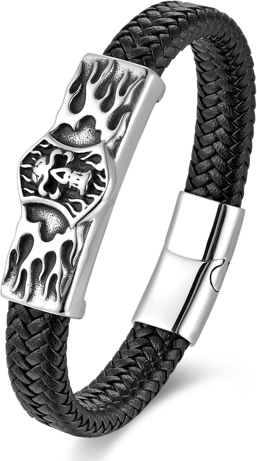 Mens Leather Bracelet Skull Braided Wristband Bangle Stainless Steel Jewelry Gifts for Him