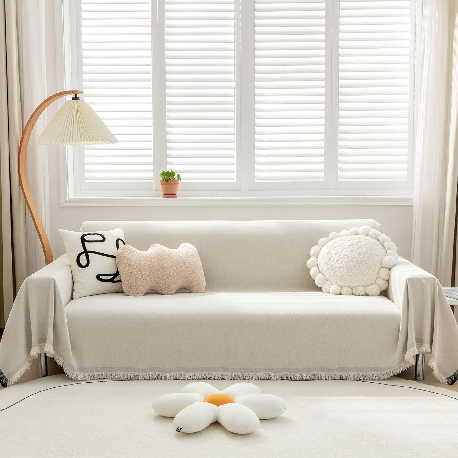 Foreate Extra Wide 91"x150" Chenille Sofa Cover Water Resistant Sofa Covers Washable Sectional Couch Covers for 2 3 Cushion, Tassel Edge Durable Couch Protector for Dogs (Beige, 91"x150")