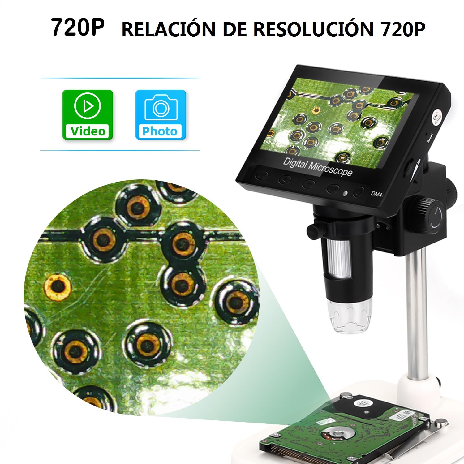 WADEO Microscopio Digital LCD de 4,3 Microscopio Portátil con Vista de PC 1000X, Incluye Tarjeta de 32 GB, con 8 LED y Soporte metálico, Compatible con MacOS y Windows, para Trabajos Reparaciones