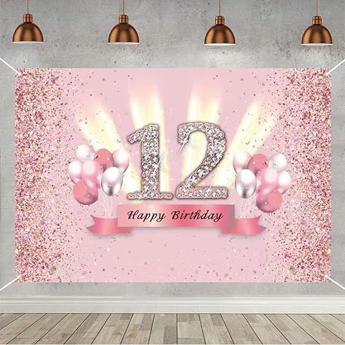 Decoraciones de cumpleaños número 12 para niñas, cartel de tela para fiesta de cumpleaños número 12, fondo de fotos rosa, suministros para fiesta de