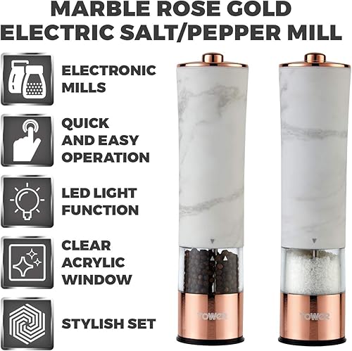 Miniatura 9 de Tower T847003RB Molinillo eléctrico de sal y pimienta, acero inoxidable, cuerpo suave al tacto, oro rosa y negro