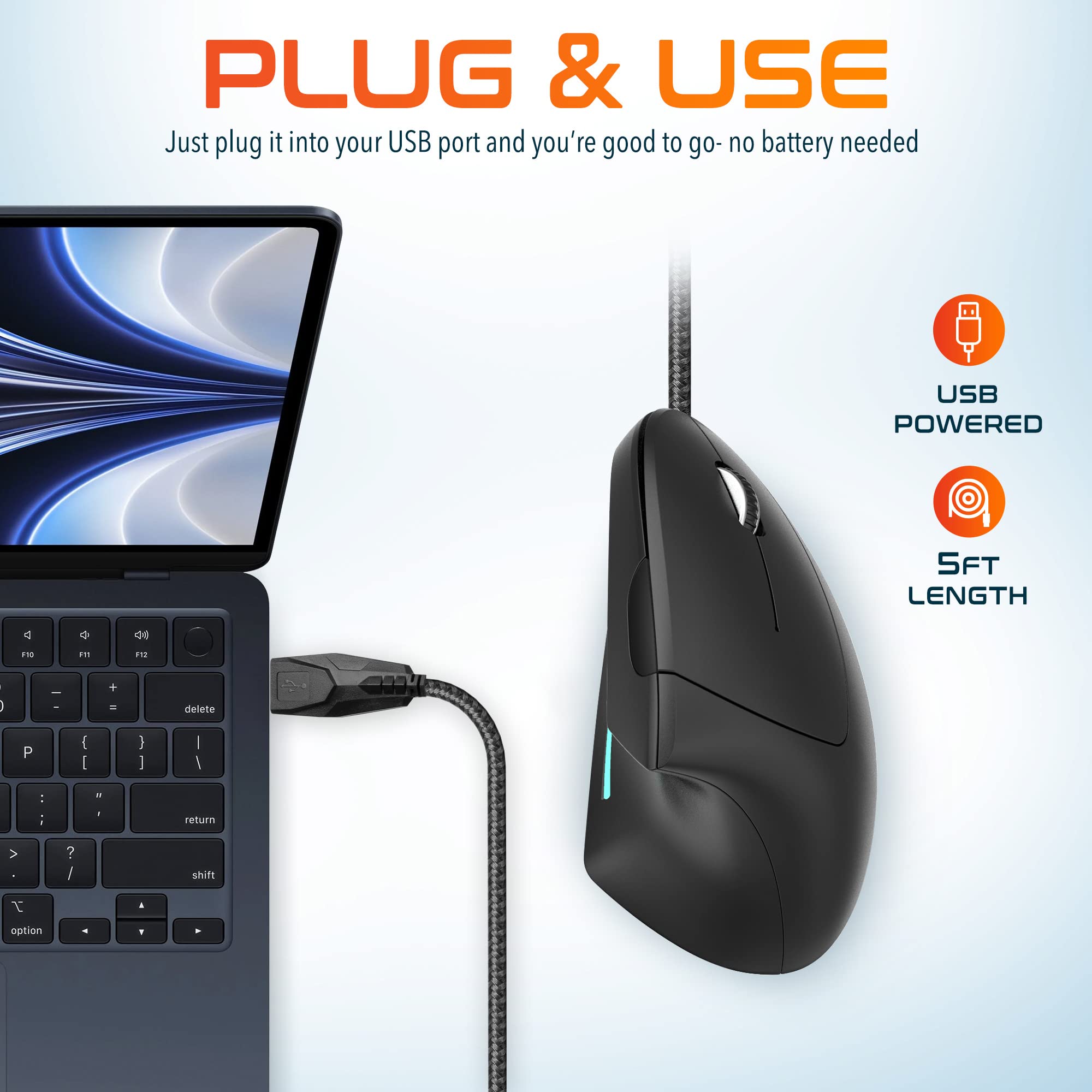 Delton Mouse ergonomico verticale cablato S12, 6 pulsanti, 3 livelli DPI regolabili (800/1200/1600) e rotella di scorrimento 3D, compatibile per PC, laptop, Mac, Chromebook – nero