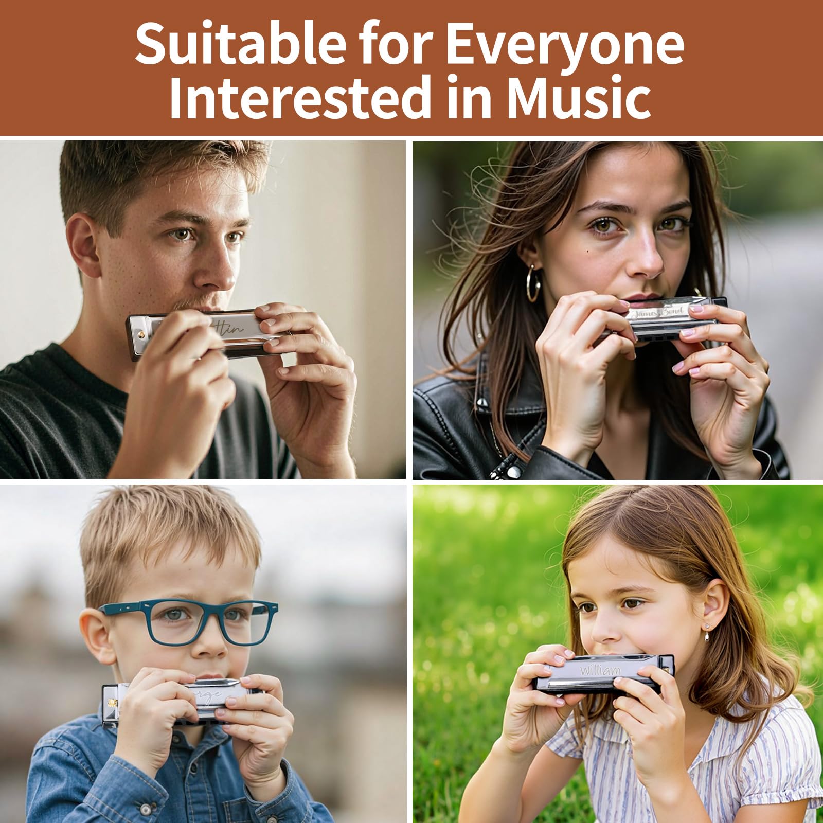 Armónica personalizada UIDMEN con bolsa de cuero PU, armónica blues grabado personalizado para niños, adolescentes, estudiantes, regalos del día del padre, regalos para amantes de la música
