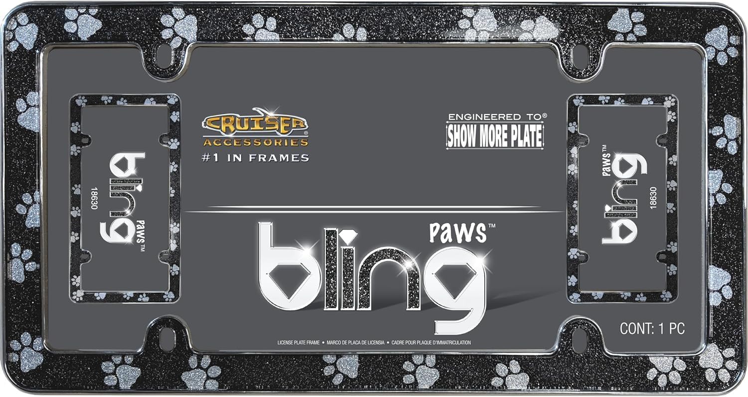 Cruiser Accessories Paws Bling License Plate Frame, Black/Chrome