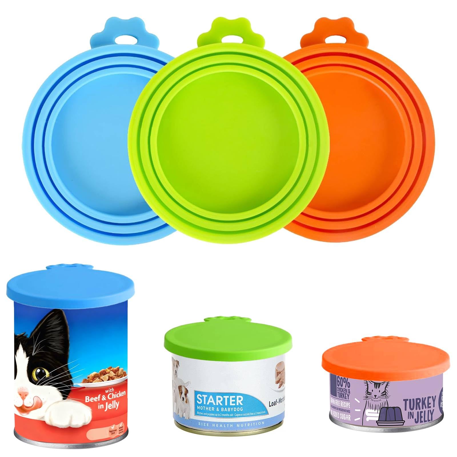 Henyall 3Pcs Pet Can Cover Lids,Cat Dog Food Covers,Universal Food Grade Silicone Can Lids for Tins,Reusable Tin Cóvers,1 Fit 3 Standard Size Cán Tops for Pet Cat Dog Food Storage (Orange+Blue+Green)