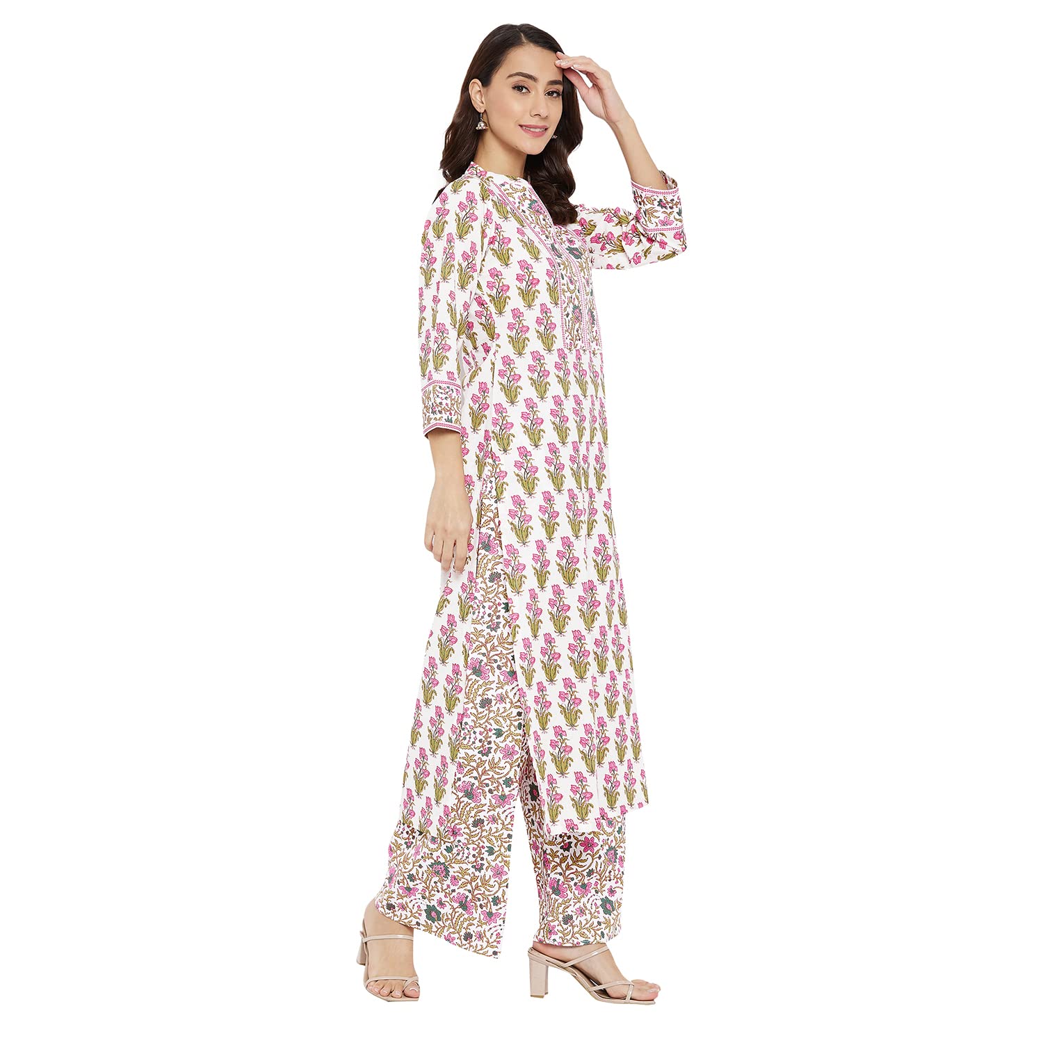 Tissu Women's Cotton Cream Floral Printed Kurta With Palazzo (Tis-604_Cream_M)