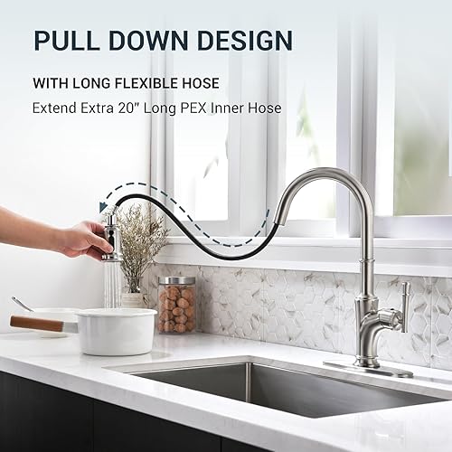 Miniatura 2 de APPASO Grifo de cocina con dispensador de jabón  Grifo de fregadero de cocina con rociador desplegable de una sola manija, níquel cepillado, grifos