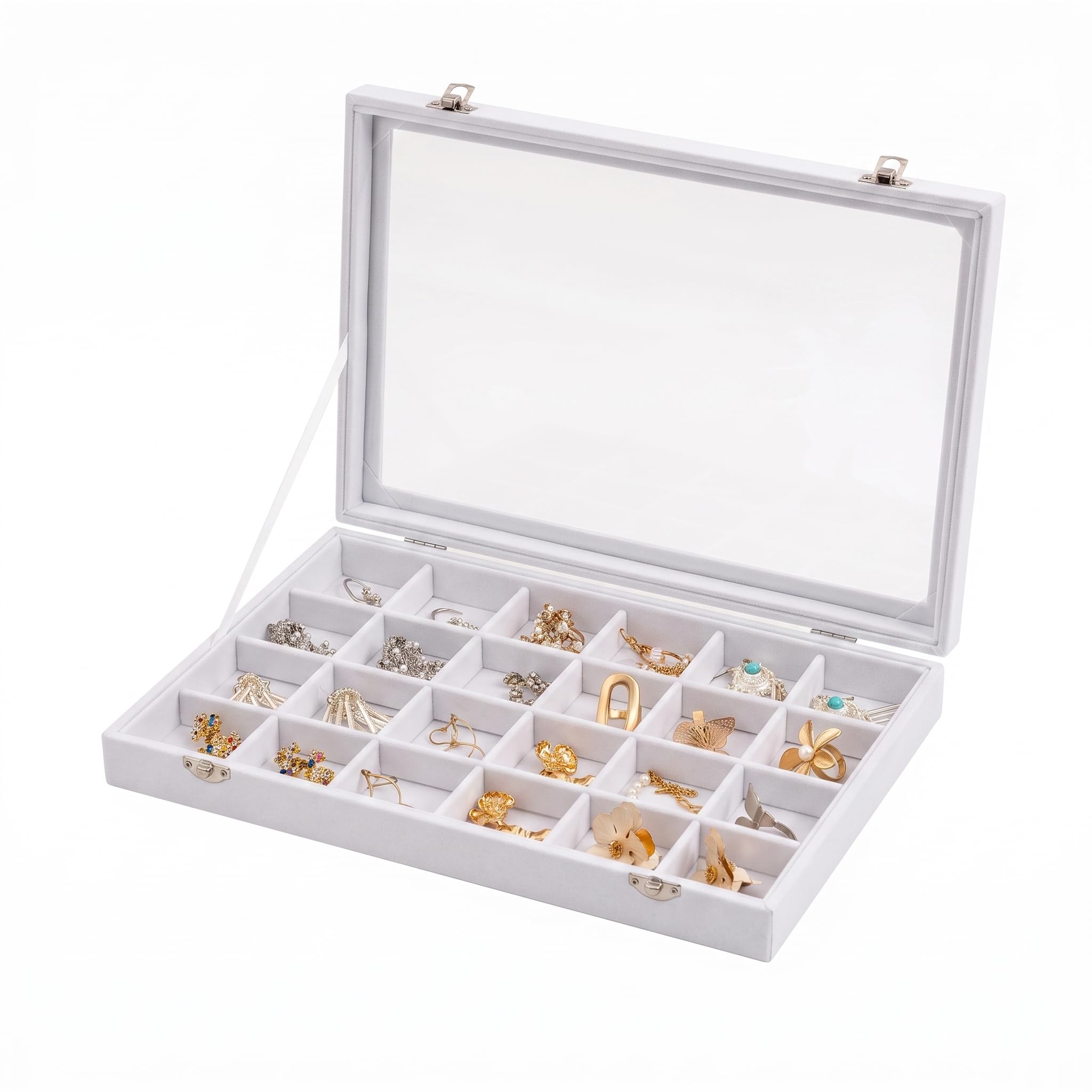Frebeauty Plateau de rangement à bijoux avec couvercle transparent - 24 compartiments - Boîte de rangement en velours avec couvercle en verre transparent - Présentoir à bijoux avec serrure - Cadeau