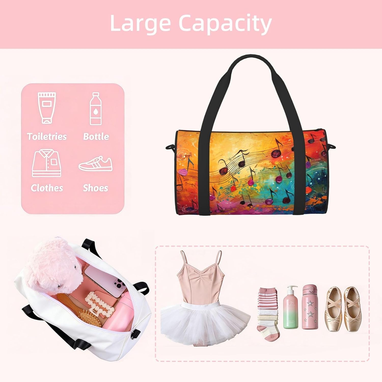 Colorful Music Notes Print Sports Tote Bag Lightweight Water-Resistant Gym Backpack Travel Supplies