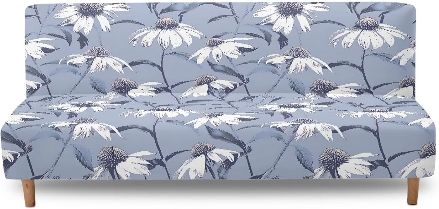 Xoenoiee Armless Futon Cover Futon Slipcover Couch Cover Futon Sofa Bed Cover Furniture Protector with Elastic Bottom Machine Washable, Gray Daisy