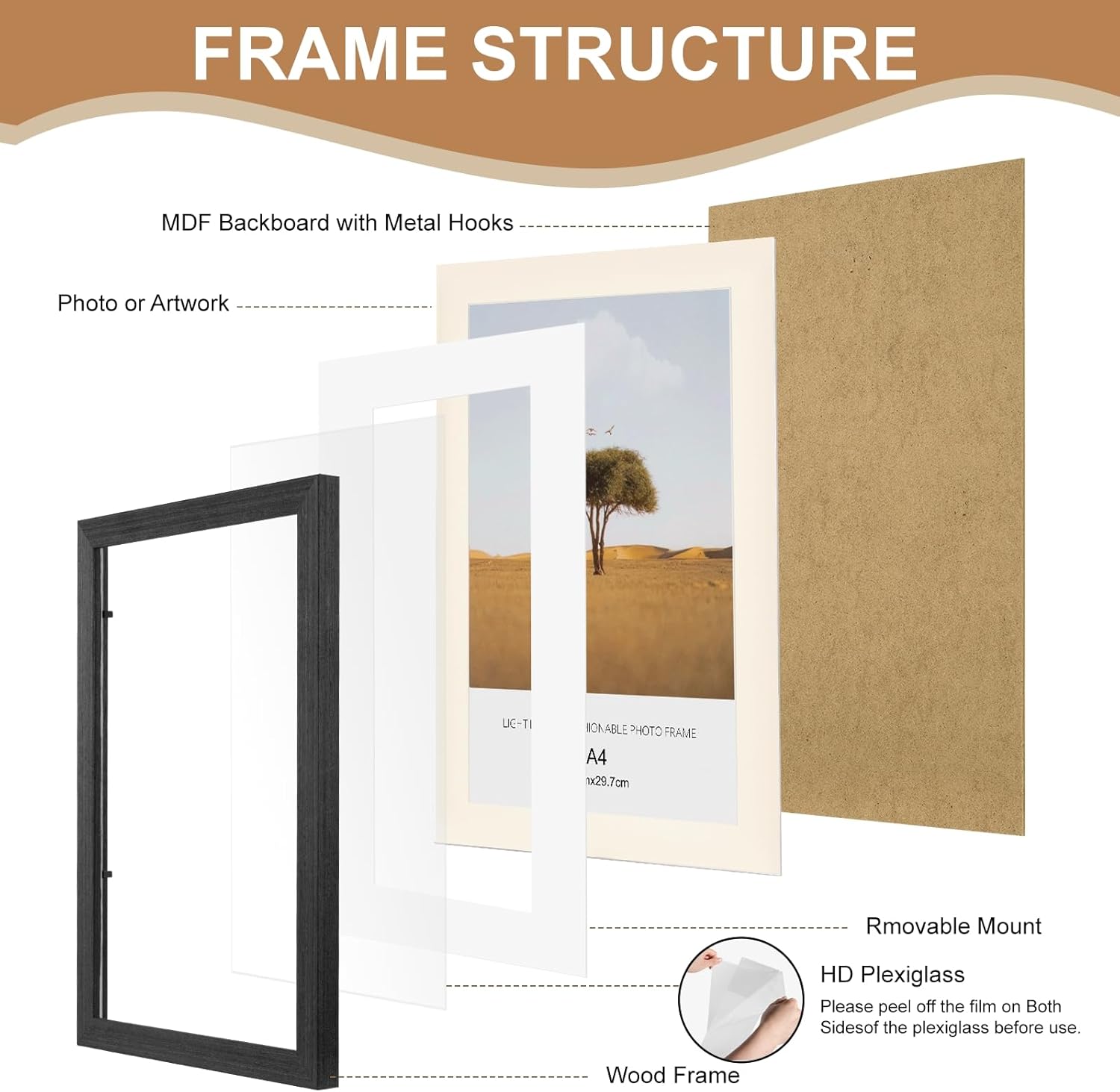 A4 Picture Frame, 3 Pack 100% Solid Wood Photo Frame 8.3x11.7 inch Poster Frames certificate Document Frame with Plexiglass Window,Freestanding and Wall Mountable