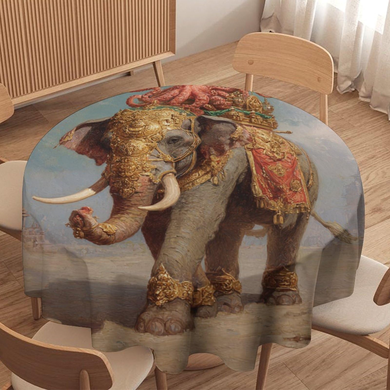LUYYSKY Vintage Exotic Sea Octopus Waterproof Round Tablecloth Fantasy Abstract Indian Aesthetic Tropical Animal Elephant Octopus Washable Table Cover for Kitchen-91.4" Wx91.4 L cm