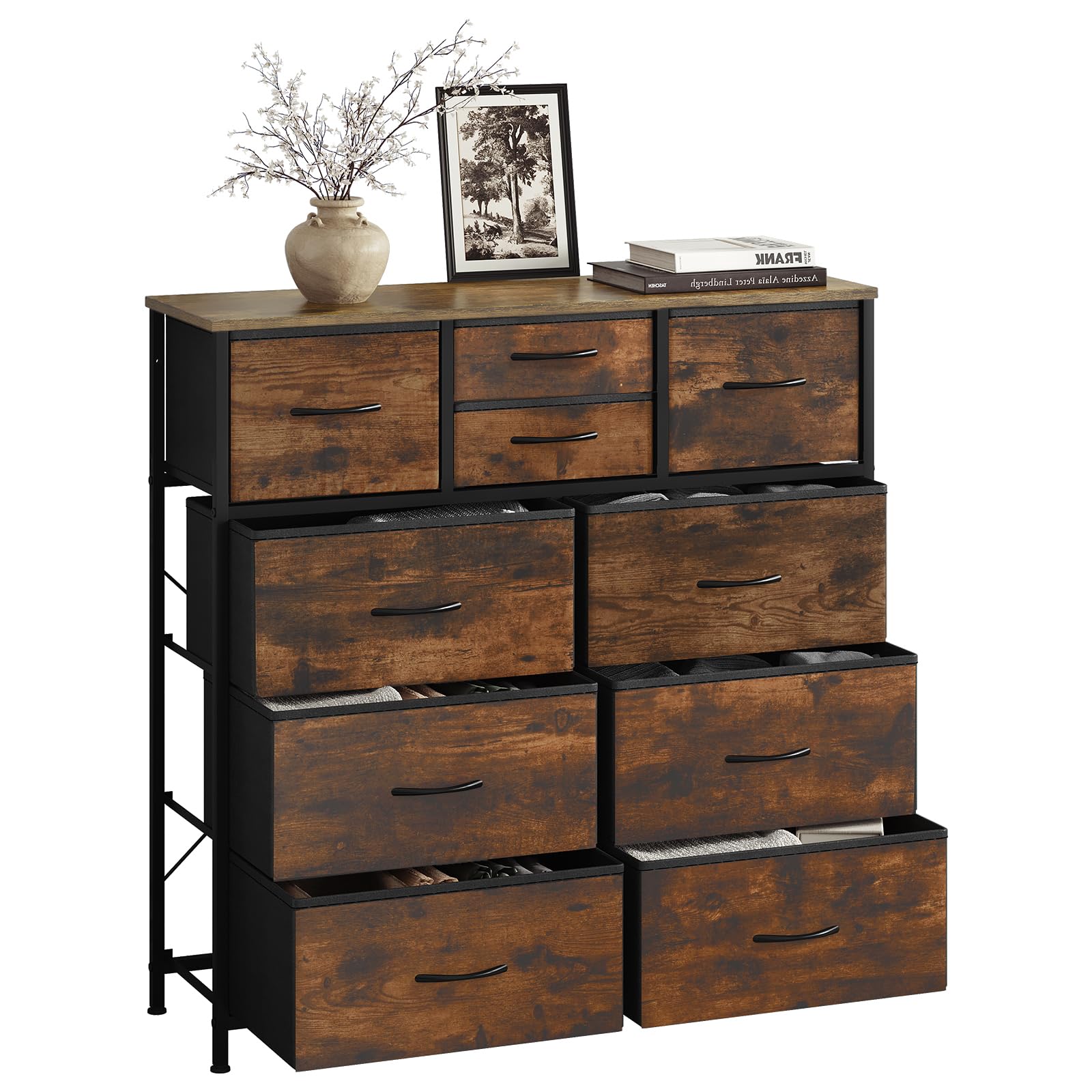 WOLTU Commode, Meuble de Rangement, avec 10 Tiroirs en Tissu, Commode Rangement pour Chambre, Salon, Entrée, Cadre en Métal, Marron Rustique et Noir, SSK009shm