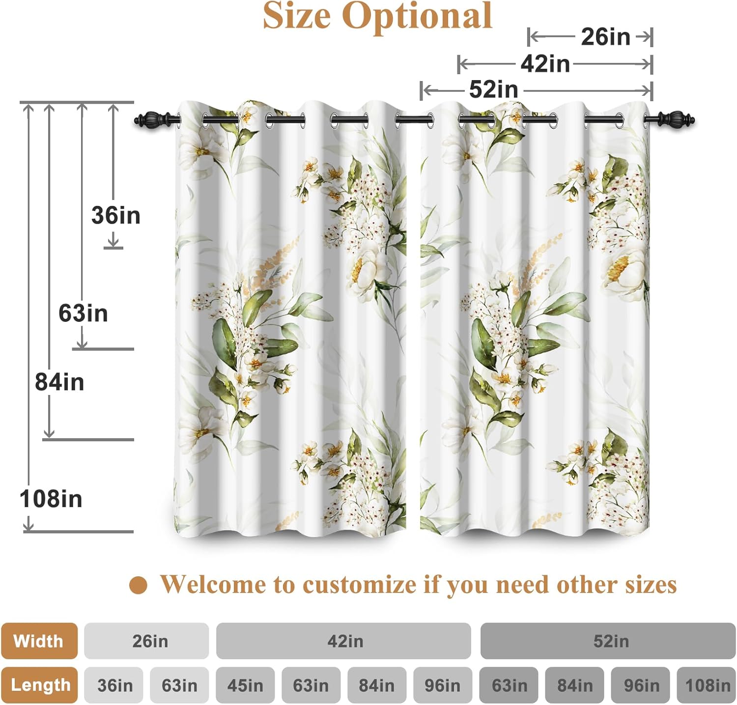 Renaiss 26 x 63 Inch White Floral Bedroom Curtains Blackout for Living Room French Country Flower Blossom Patterned Curtains Farmhouse Curtain Drapes Window Treatment Set Grommet Top 2 Panels