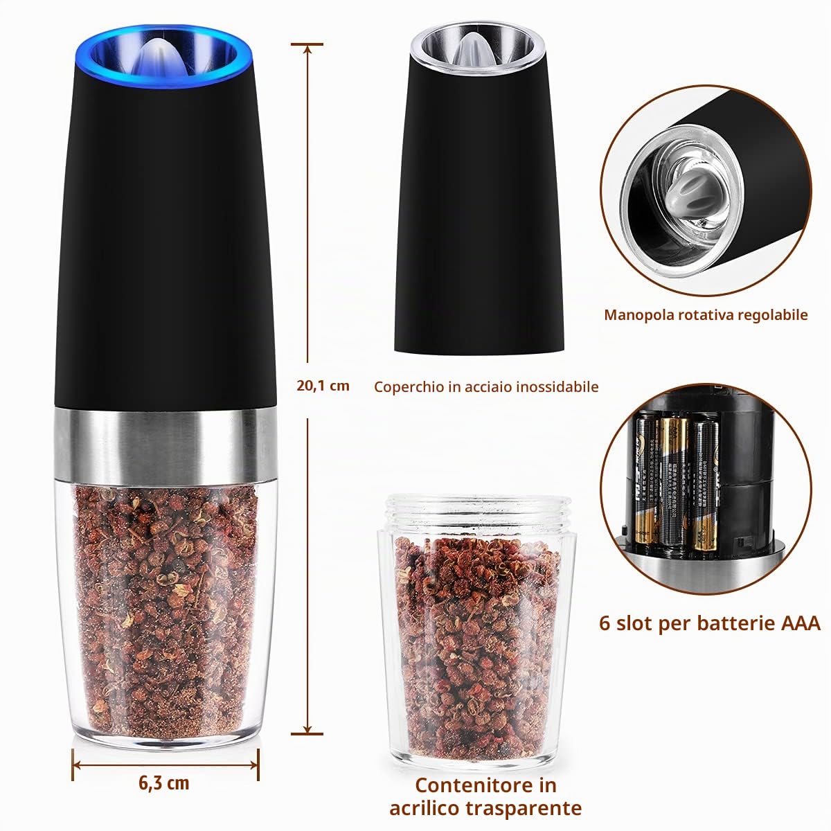 Macina Sale e Pepe Elettrico, Macina Pepe Elettrico Gravità Rettifica Automatica Macinapepe Elettrica con Grossolanità Regolabile per Sale Marino Spezie Shaker (Nero)