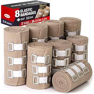 Premium Elastic Bandage Wrap - 8 Pack + 24 Extra Clips - Durable Compression Bandage (4X - 3 inch, 4X - 4 inch Rolls) Stre...