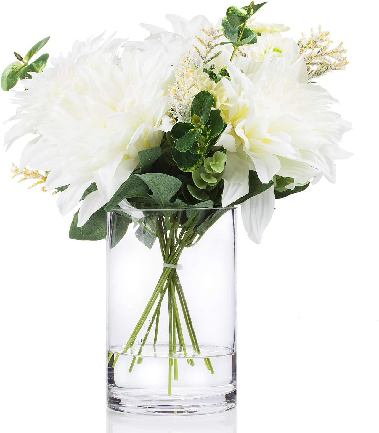ENOVA HOME Mixed Artificial Dahlia Flower and Eucalyptus Grass Arrangement in Clear Glass Vase with Faux Water (Blue)