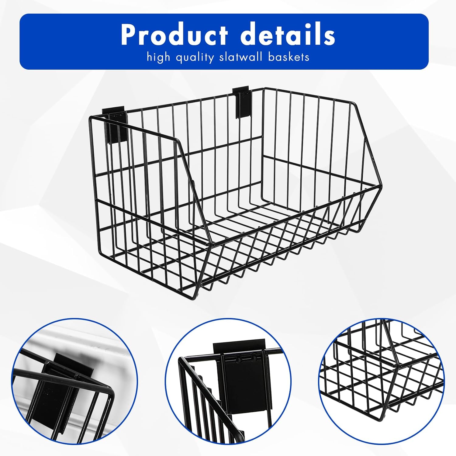Uiifan 4 Pcs Slatwall Baskets Metal Slatwall Bins Mounted Slatwall Accessories Multi Size Sloped Wire Slatwall Basket for Shops Rooms Storage Display Organizing Max Size 14.8 x 10.8 x 8.9, Black