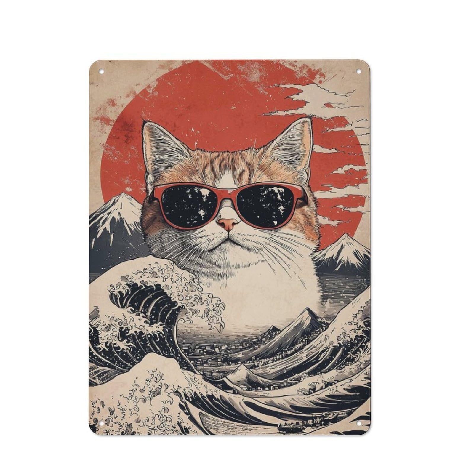 Junmoney Cool Cat At The Great Wave Tin Wall Plaque 40X30cm With For Guest Room Or Hallway, For Hallway Wall Decor Fans