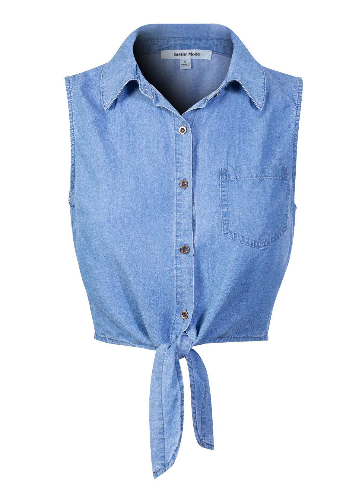 Women's Sleeveless Button Down Tie Front Knot Crop Chambray Shirts