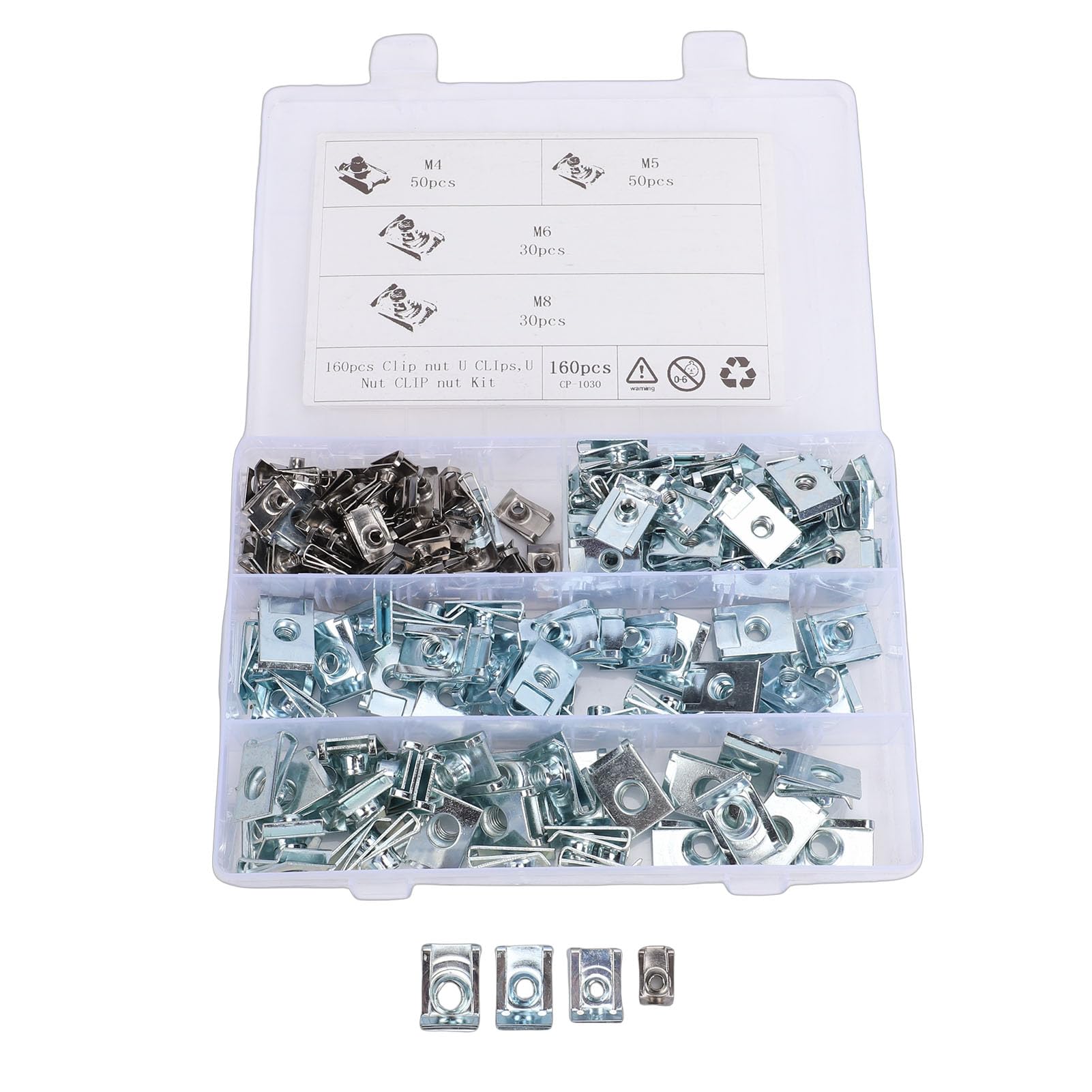 Sortiment an extrudierten U-Muttern, 160 Stück, Größe M4, M5, M6, M8, Stahl, U-Typ-Muttern-Clip für Armaturenbrett-Tür-Innenraum, langlebige, korrosionsbeständige