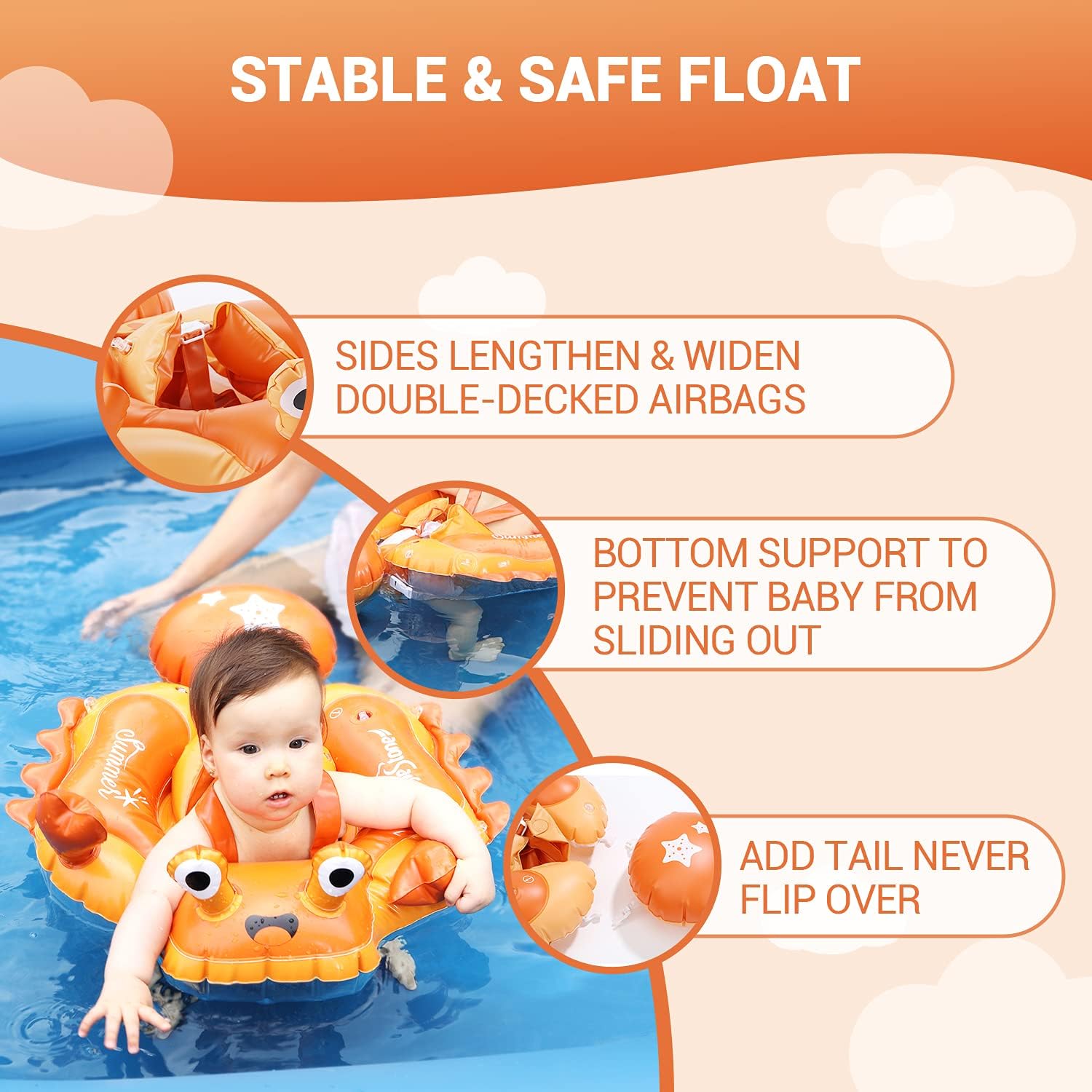 Eaglestone Baby Pool Float with UPF 50+ UV Sun Protection Canopy,Inflatable Orange Infant Toddler Pool Float for Age of 6-36 Months,Improved Add Tail Never Flip Over Baby Swimming Ring for Safer Swims : Toys & Games
