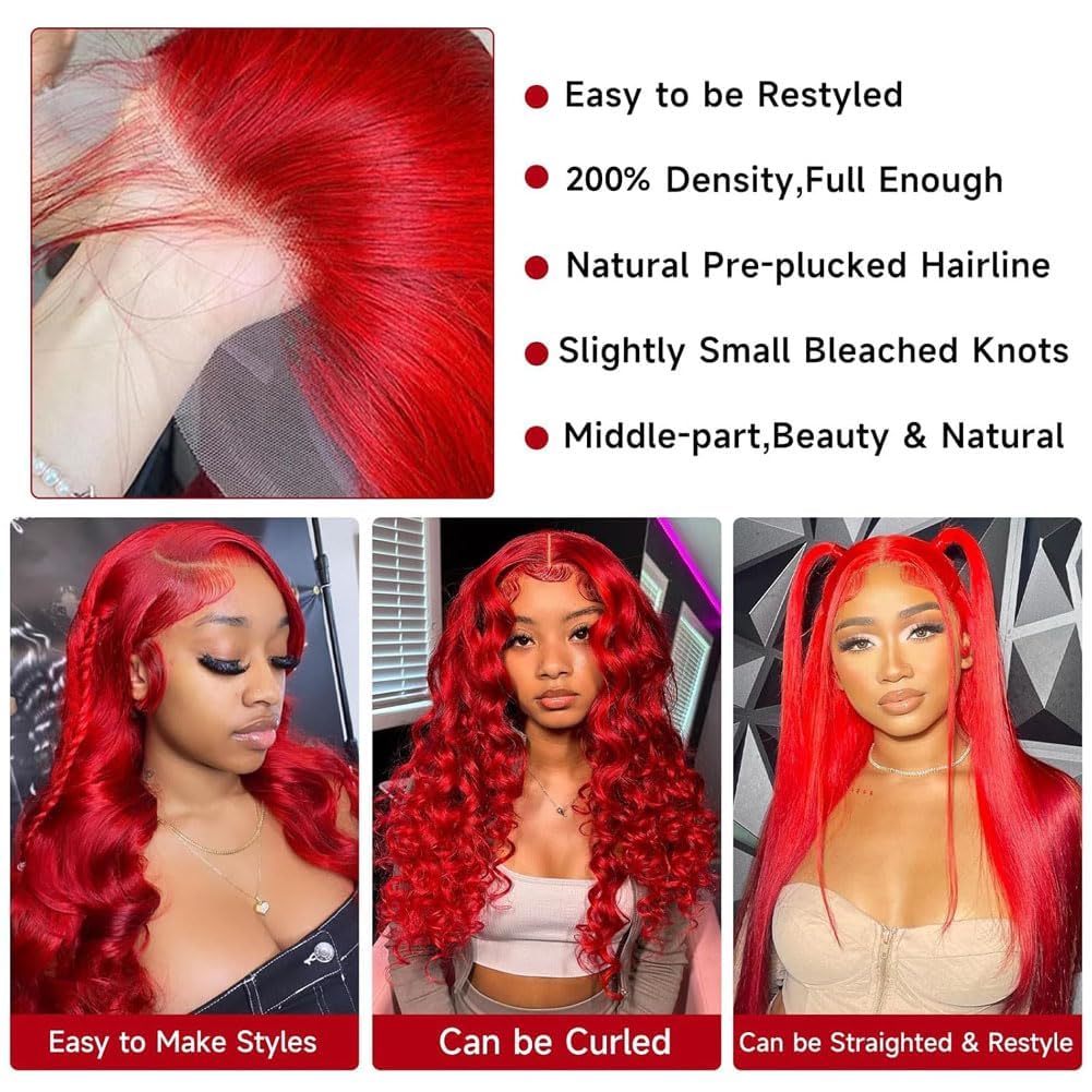 Ice Pear 26 Inch Red Hair Wig -13x6 HD Lace Front Wig - 200% Density Body Wave Red Human Hair Wig - Pre-Plucked Glueless Virgin Hair